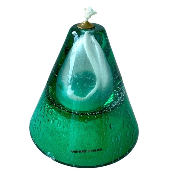 Vintage Oil Lamp Hand Blown Art Glass Emerald Green Bubbles Poland Triangle - Picture 2 of 7